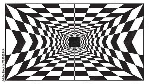 Abstract high contrast warped checkerboard tunnel illusion depth pattern optical movement