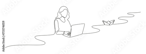 Woman with laptop computer in one continuous line drawing. Female user with paper boat for leadership concept in simple linear style. Paperboat icon in Editable stroke. Doodle vector illustration