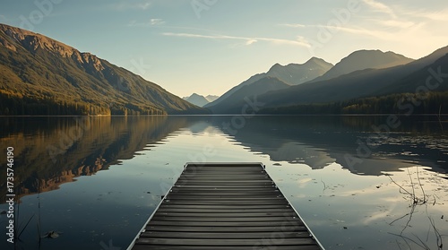 A tranquil wooden dock on a calm, reflective mountain lake at dawn