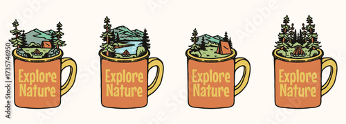 Nature and Camping Illustrations Inside Coffee Mugs