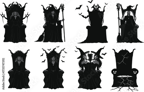 Dark witch queen on throne vector illustration with staff, bats, gothic chair, cursed sorcery, haunted magic, spooky Halloween horror design.