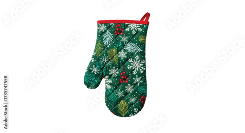 Festive quilted oven mitt with holiday pattern on a white background