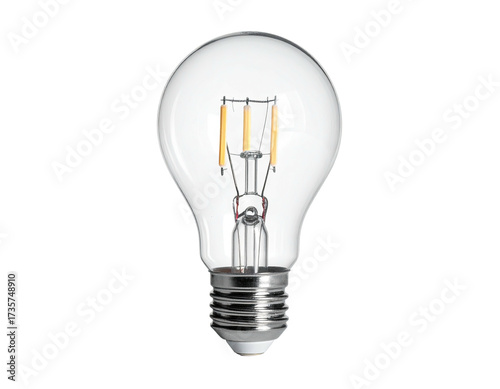 A clear glass light bulb glows with filament detail, isolated on black background