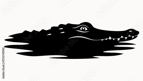 A striking black silhouette of an alligator partially submerged in water on a white background art