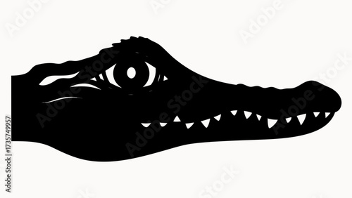 A black silhouette of an alligator head with visible teeth and eye on a white background image design
