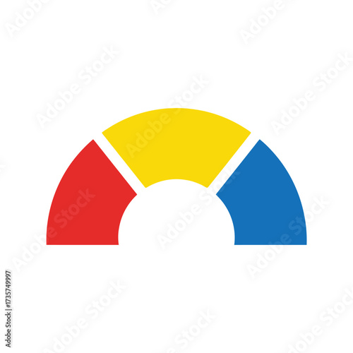 Semicircular graphic divided into three colored sections: red, yellow, and blue, over a white background.