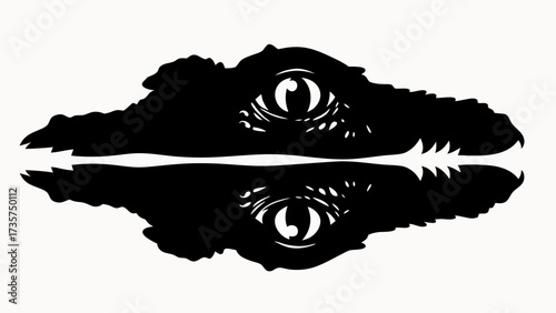 Black and white silhouette of an alligator head reflected in water with visible eyes and teeth design