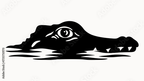 Silhouette of an alligator head partially submerged in water showing its eye and teeth in black and white