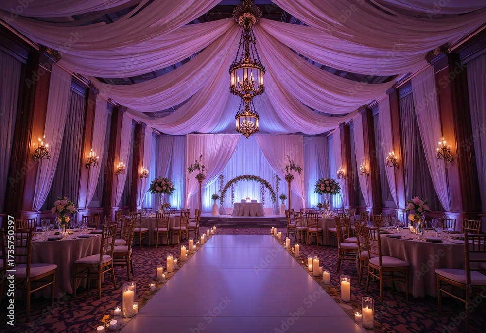 Obraz premium Elegant Wedding Reception Hall Decorated with Lavender and Pink Lighting and Candles