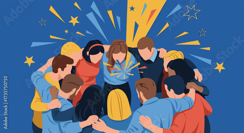 Diverse group of people hugging in a circle with yellow and blue background.