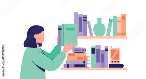 Woman Organizing Books on a Shelf.