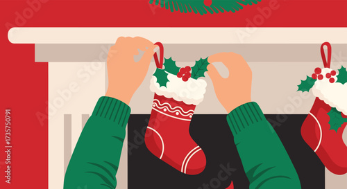 Hands Decorating Christmas Stockings On Fireplace.