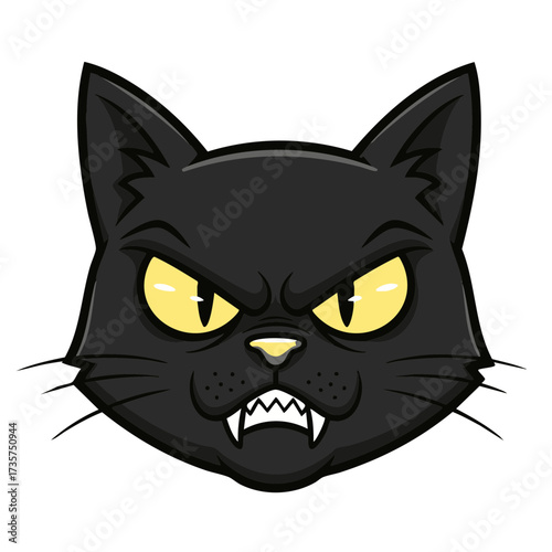 Cartoon Black Cat Head with Sharp Teeth and Piercing Yellow Eyes