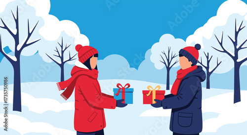 Two people exchanging gifts in a snowy winter landscape.