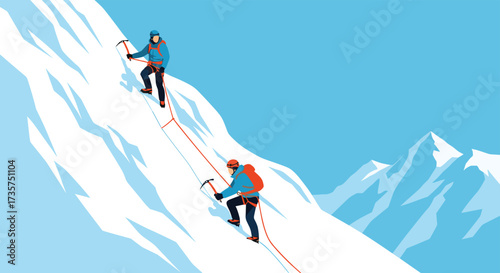 Two Climbers Ascend a Steep Snowy Mountain Slope.