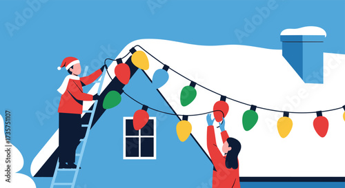 People Decorating House Roof with Christmas Lights.