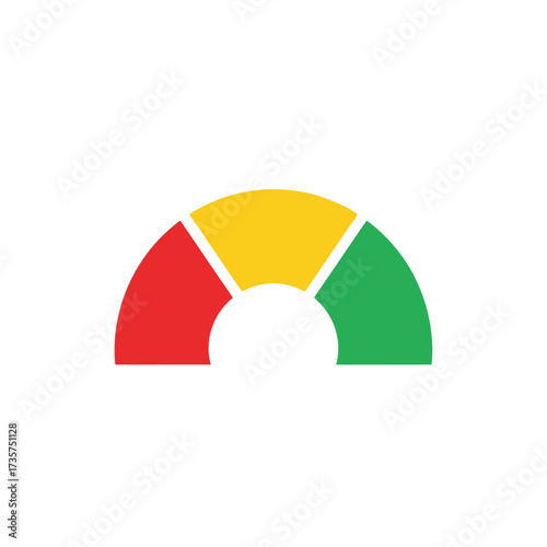 Simple gauge icon with red, yellow, and green color sections. A flat vector meter for displaying performance, rating, risk level, or credit score on a dashboard