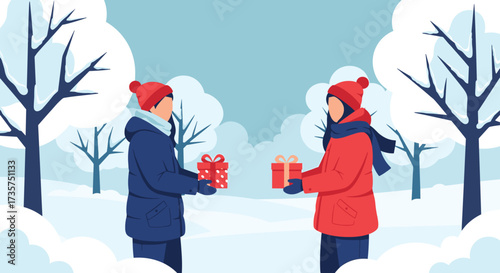 Two people exchanging gifts in a snowy winter landscape.