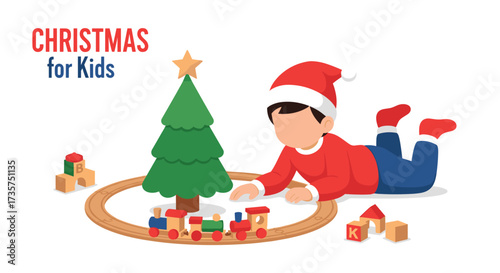 Christmas Tree and Boy Playing with Toy Train.