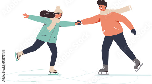 Young couple ice skating together outdoors in winter clothing , gentle winter date skating  
