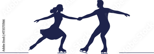 Silhouettes of ice dancers performing graceful moves together , gentle winter date skating  