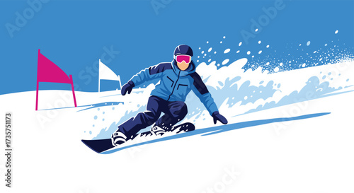 Snowboarder carving down a snowy slope with flags.