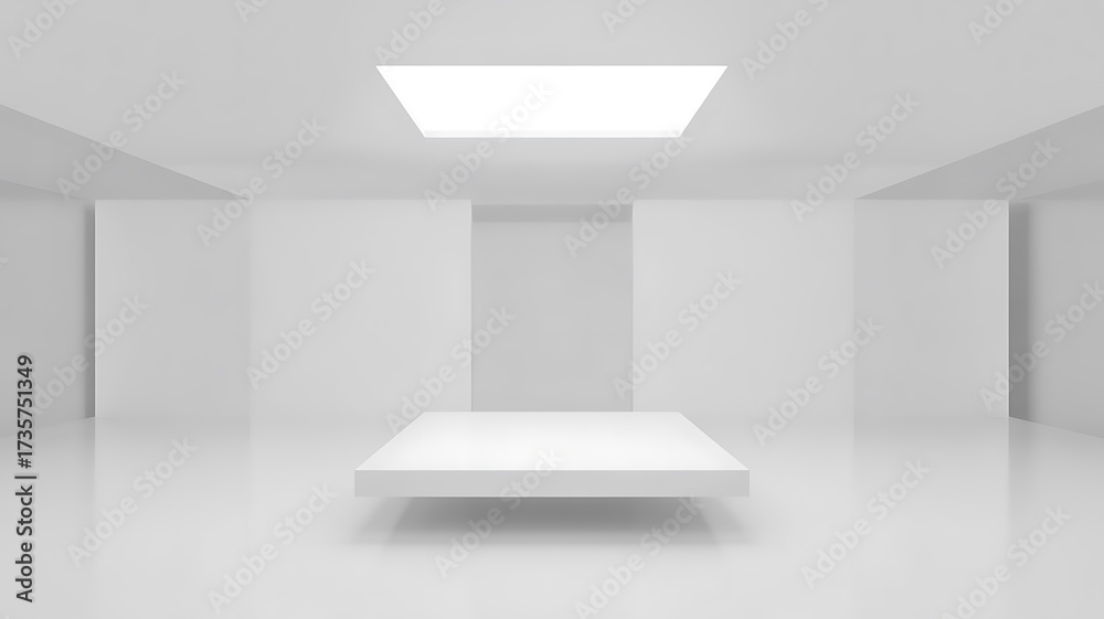 Fototapeta premium Minimalist White Exhibition Space A Platform for Art Contemporary Design and Clean Aesthetics A Study in Architectural Simplicity