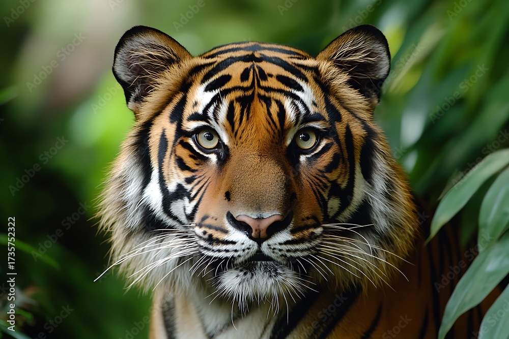 Obraz premium Sumatran Tiger Portrait Staring Ahead with Striking Orange and Black Stripes, Green Foliage