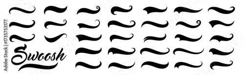 Vector swash swoosh flourish design elements. Curly swish tails and sporty plume swirl logo vector elements for retro banners 