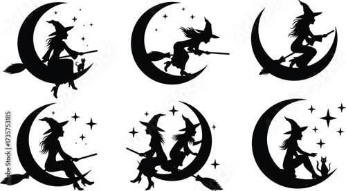 Halloween witch silhouette flying on broom and sitting on crescent moon with cat, spooky magical night vector perfect for fantasy designs.