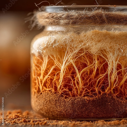 Layered Glass Jar with Soil, Fungal Mycelium, and Root-Like Growth in Controlled Environment