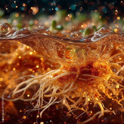 Close-Up of Submerged Plant Roots in Hydroponic System with Glowing Particles and Water Ripples