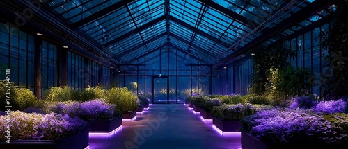 Neon-Lit Indoor Pool in Glass Greenhouse with Potted Trees and Misty Atmosphere