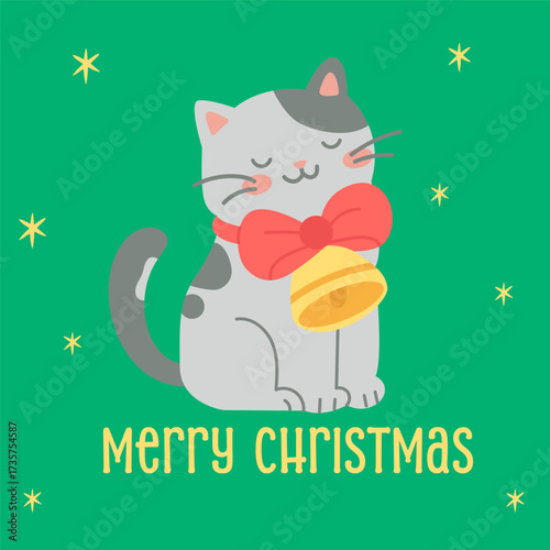 Christmas cat background greeting card with bell and merry christmas festive message