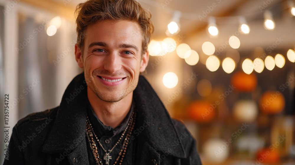 Fototapeta premium Young man smiling at Halloween party with pumpkin decorations and lights 