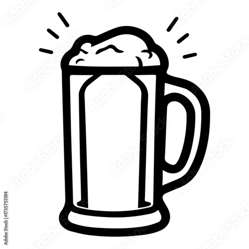 Illustration of a beer mug filled with frothy beer and emanating radiating lines on a white background