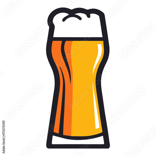 Illustration of a tall beer glass filled with golden liquid and white foam on a white background