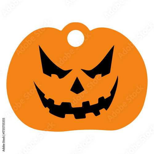 Orange jack o lantern with a hole at the top and a scary face for halloween decoration or ornament