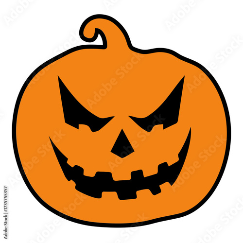 Orange halloween pumpkin with black facial features and a curling stem on a white background image