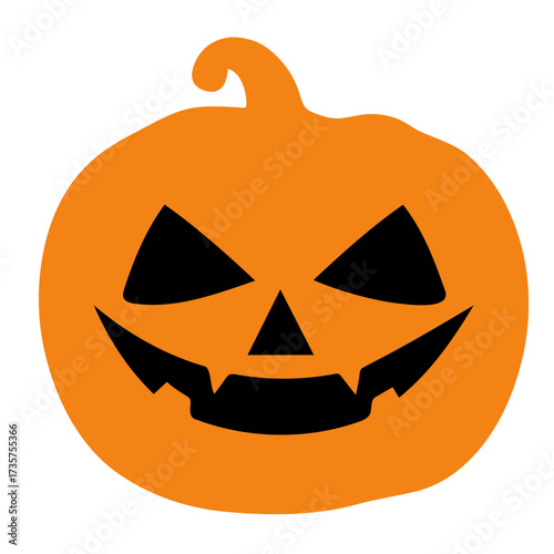 A halloween pumpkin with a carved face and a stem on top in orange color against a white background