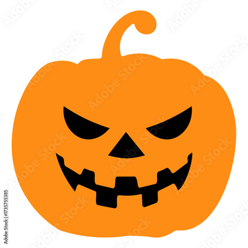 Illustration of an orange jack o lantern with a menacing face and a curved stem on a white background
