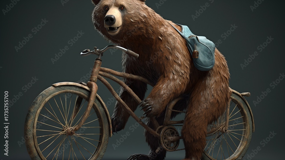 Obraz premium A Photorealistic Image of a Large Brown Bear Riding an Old Bicycle with a Saddlebag