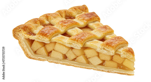 Delicious slice of apple pie isolated, classic American dessert with lattice crust and sweet filling on a transparent background