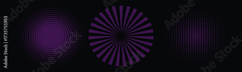 Sound pulsation circles set. Vector illustration of purple radio waves isolated on black background.