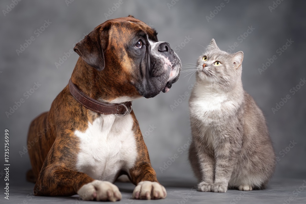 Obraz premium Boxer Dog and Tabby Cat Posing Together in Studio Portrait.