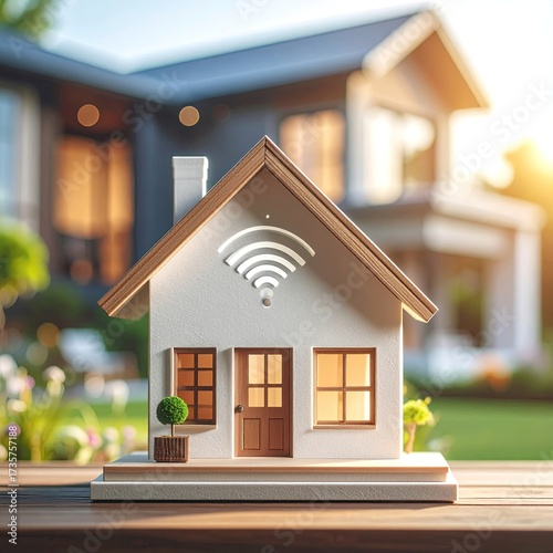 Model home with wifi symbol. Back house blurred