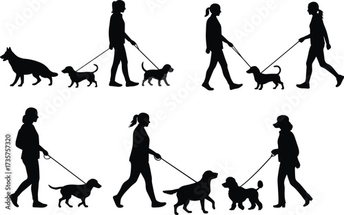 Silhouette of people walking dogs, pet owner with leash, outdoor activity, exercise with pets, dog training, companionship, lifestyle illustration