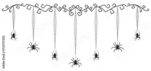 Illustration of multiple spiders hanging from curly decorative branches on long cobweb threads. The design is in black silhouette style, creating a spooky and eerie Halloween-themed border decoration.