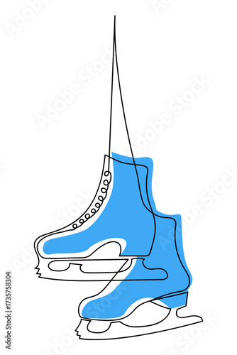 One continues line skates illustration for ice sports branding, posters, web banners, apparel prints, logos, social media, winter skating themes.