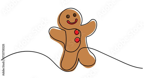 One line continuous illustration of a gingerbread man, ideal for holiday cards, festive packaging, social media posts, greeting tags, seasonal decor designs.